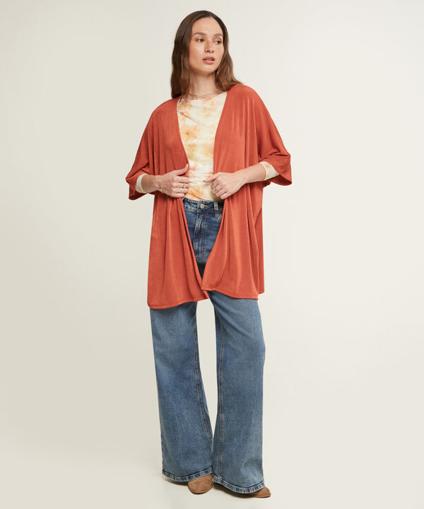 Saco Wrap Unicolor Textura, Manga Rodada Con Silueta Fluida, Tr&oacute;pico Floral