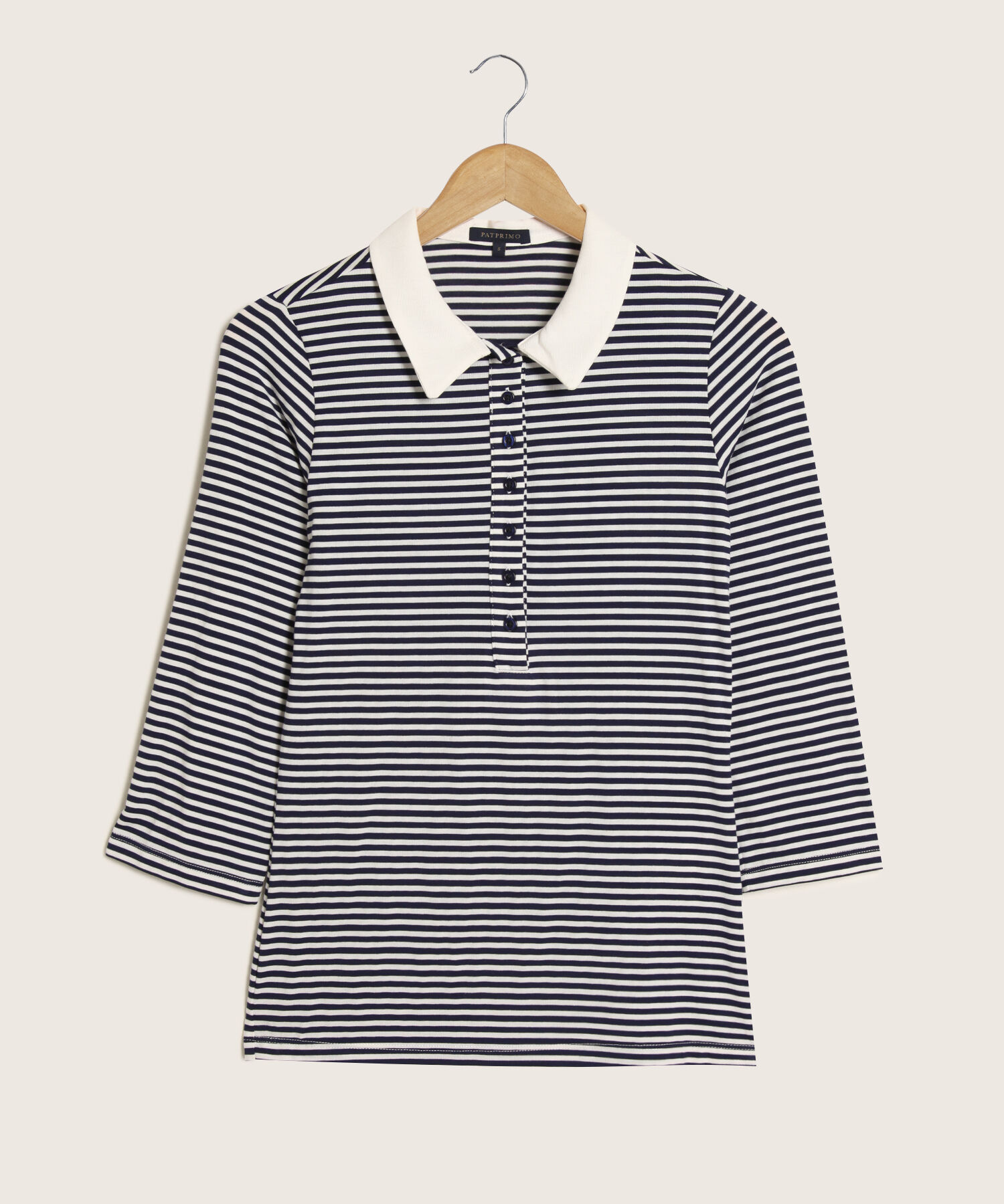 Polo Preteñida A Rayas, Manga 3/4 Con Cuello Duro Y Pechera Unicolor
