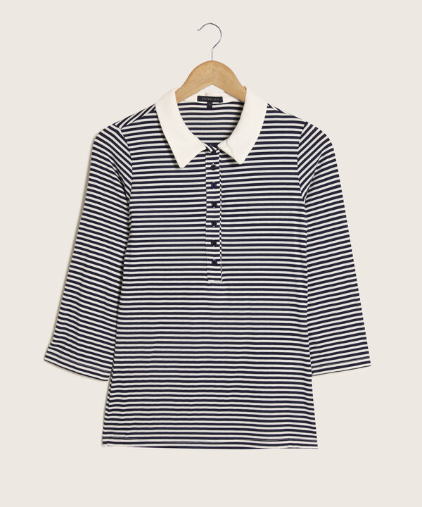 Polo Preteñida A Rayas, Manga 3/4 Con Cuello Duro Y Pechera Unicolor