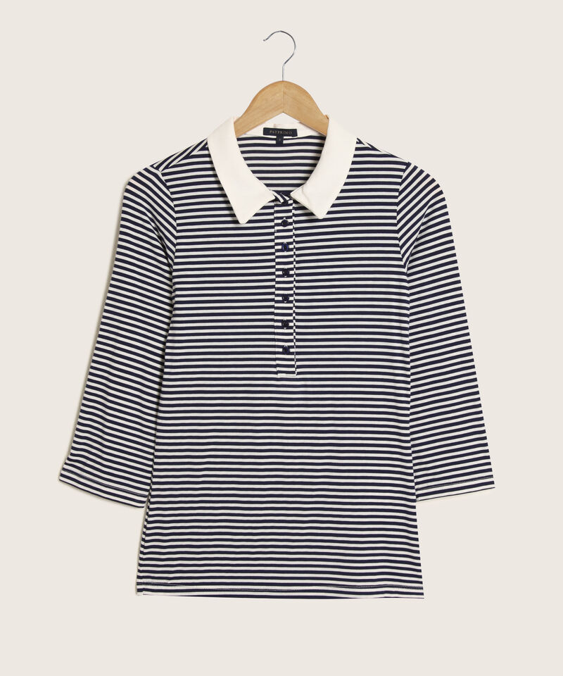 Polo Preteñida A Rayas, Manga 3/4 Con Cuello Duro Y Pechera Unicolor
