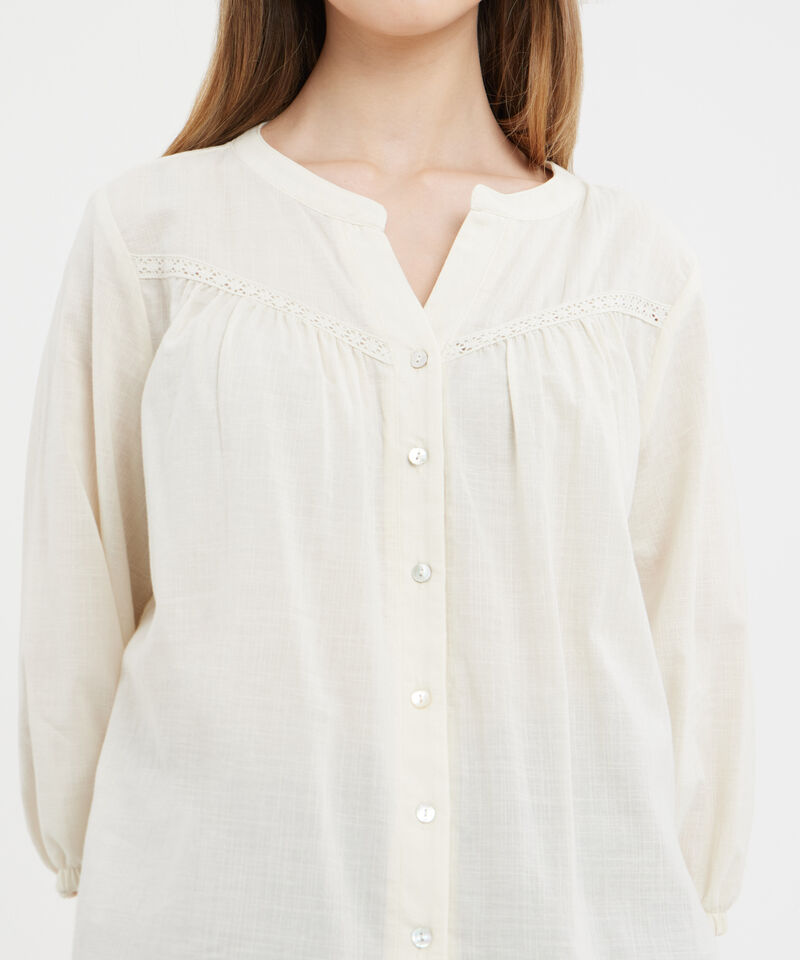 Blusa Unicolor Manga 3/4, Escote V Con Cuello Nerú, Recogido Con Detalle Encaje