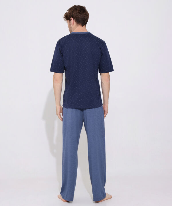 Pijama Camiseta Abierta Manga Corta Con Pechera Contraste Estampada Y Pantalón Unicolor