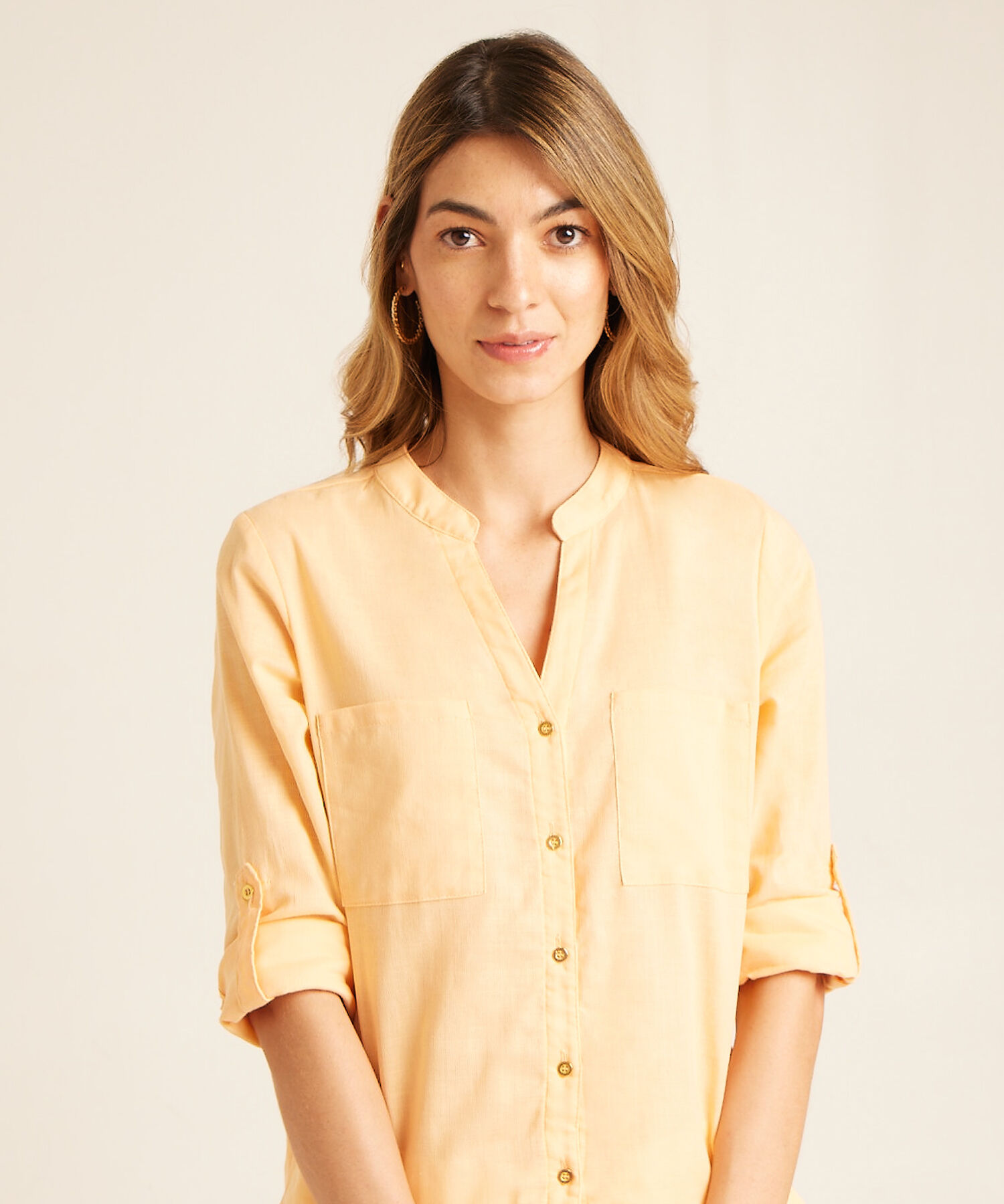 Blusa Unicolor, Manga Larga Con Charretera, Cuello En V Con Cuello Neru Y Bolsillos