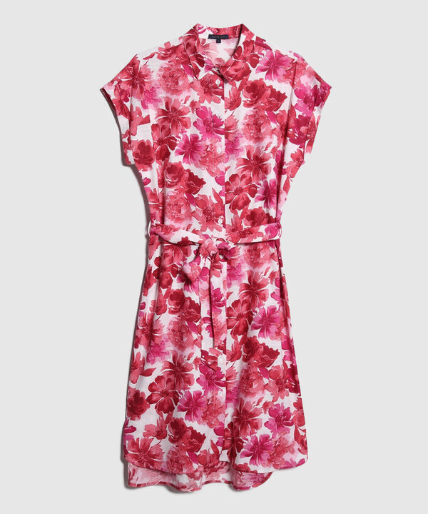 Vestido Camisero En Lino Estampado Con Cinturon