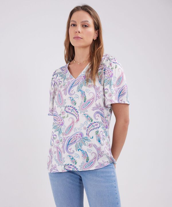 Blusa Manga Corta, Escote En V, Estampada. image number null