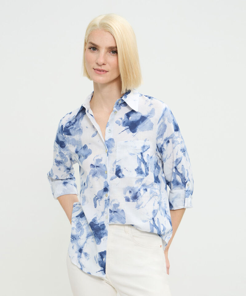 Camisa Manga Larga Con Bolsillo Estampada En Lino