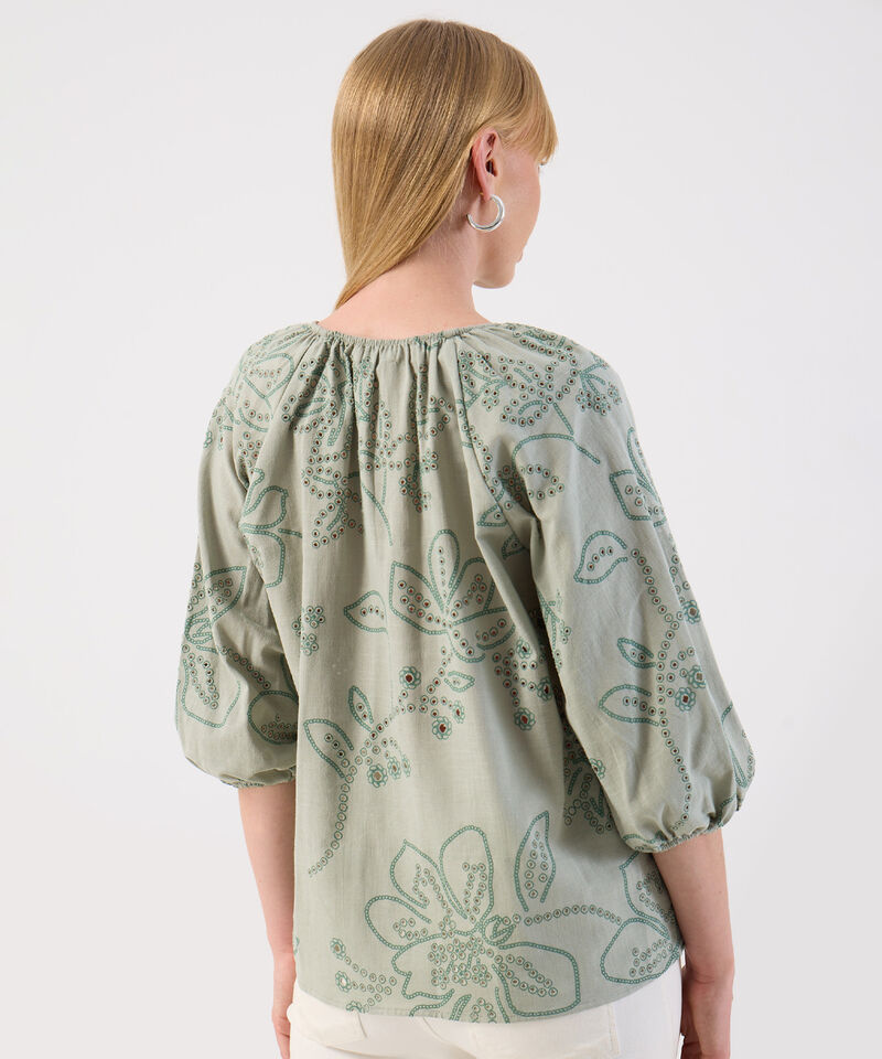 Blusa De Mujer Ojalillos Escote Fruncido Manga Globo