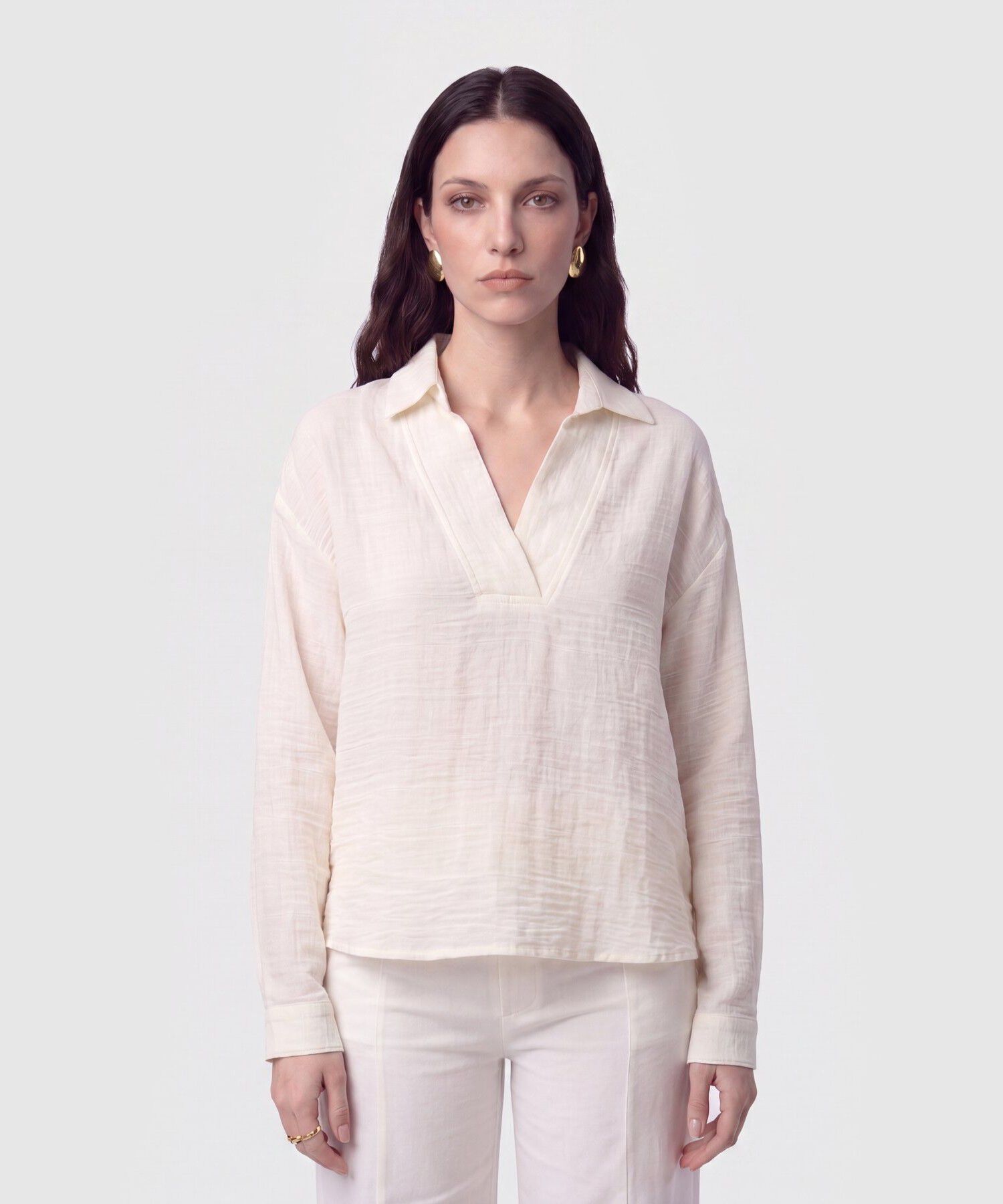 Camisa Escote en V con Cuello Para Mujer