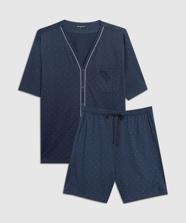 Pijama Camisa Manga Corta De Pijama Cuello V Con Pechera Y Vena En Contraste, Pantaloneta Con Hiladillo