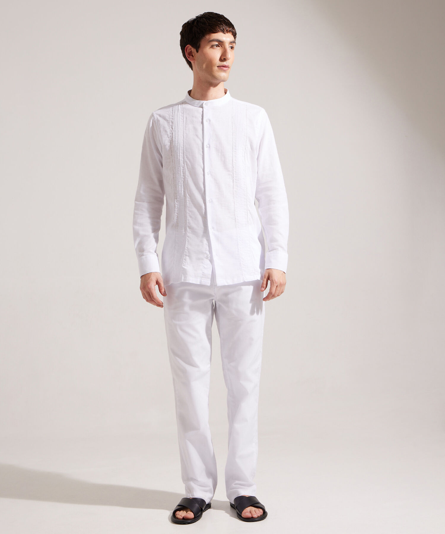 Camisa Guayabera Manga Larga  Cuello Neru En Algodón
