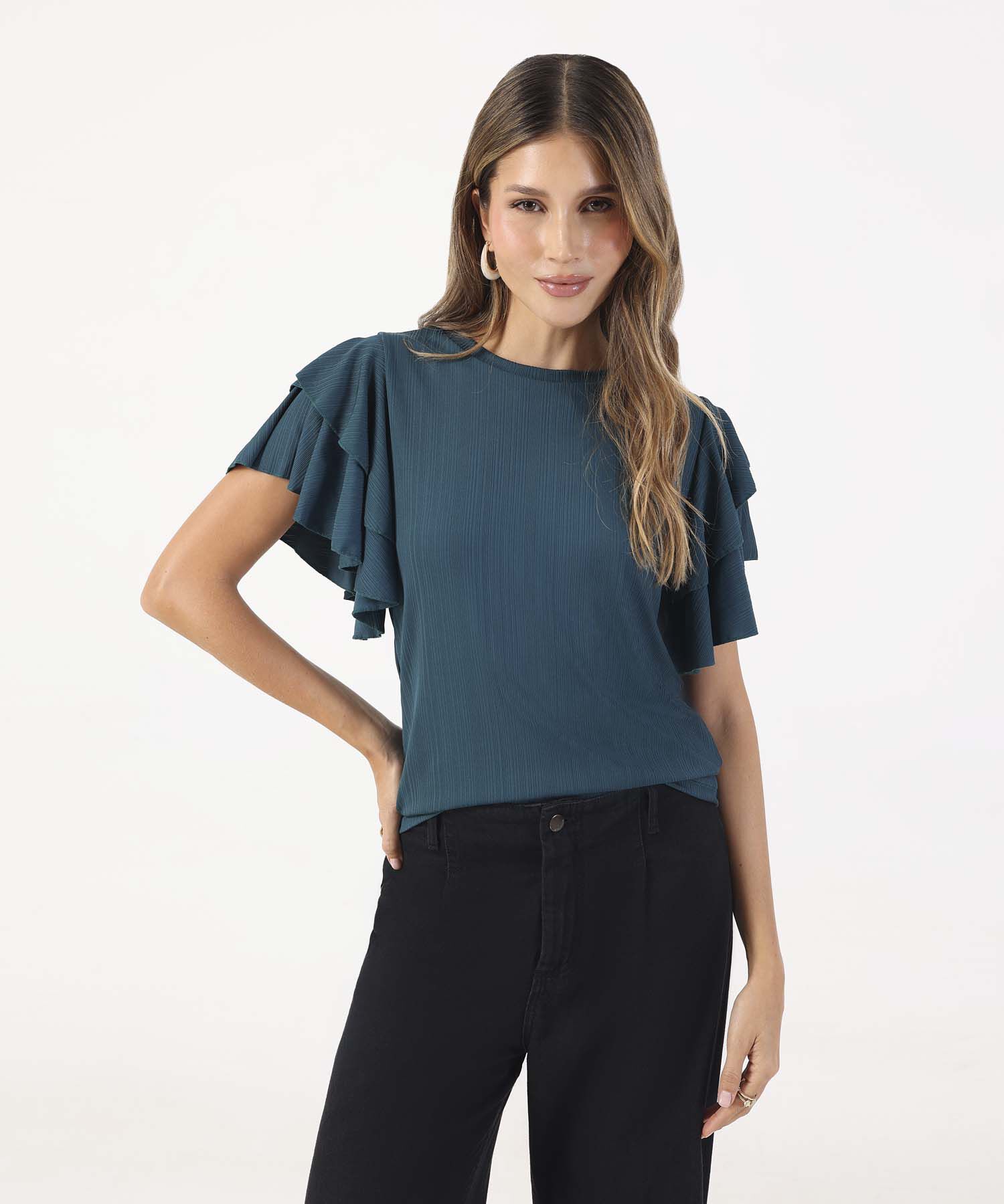 Camiseta Unicolor Textura Manga Corta Con Boleros, Tr&oacute;pico Floral