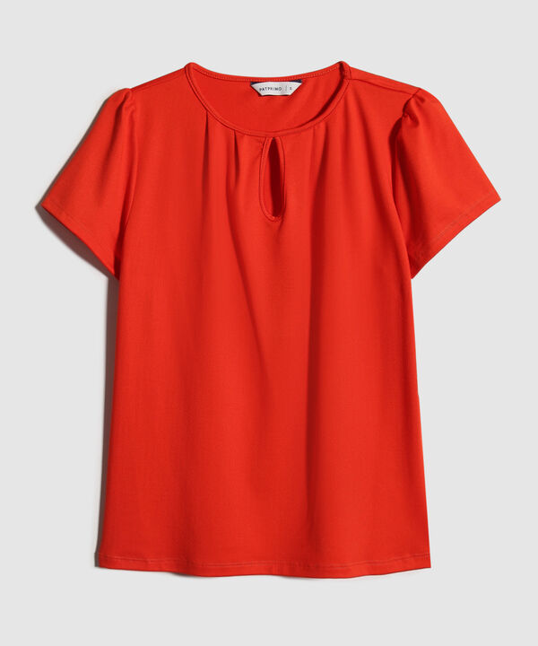 Camiseta Unicolor, Manga Corta Con Recogido Y Escote Con Abertura Ojal
