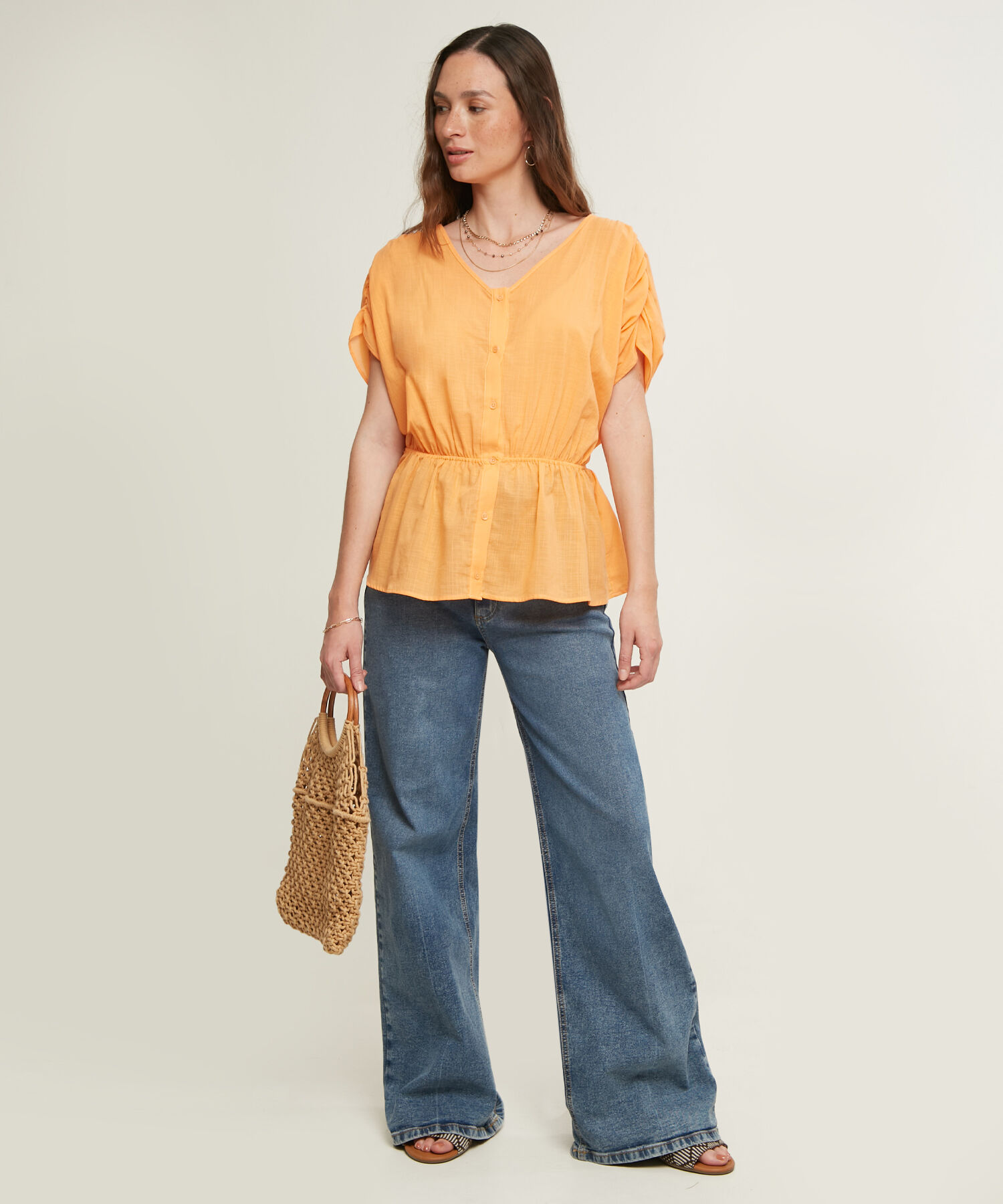 Blusa Manga Corta Con Elástico En Cintura