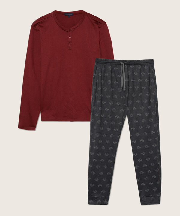 Pijama Camiseta Manga Larga Cuello Henley Unicolor Con Pantalón Estampado
