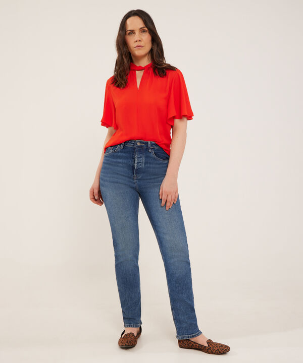 Blusa Unicolor, Manga Corta Tipo Campana, Cuello V Drapeado Cruzado Con Anudado En Posterior, Serena