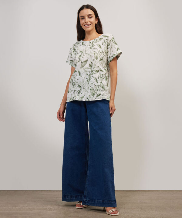 Blusa Manga Corta Con Guardapolvo  En Lino Estampada