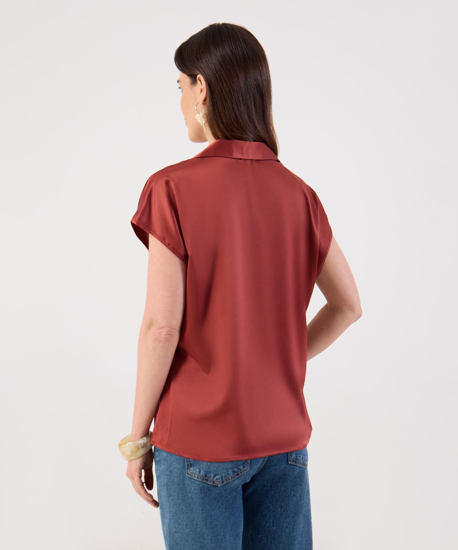 Blusa Unicolor Con Cuello Camisero Para Mujer