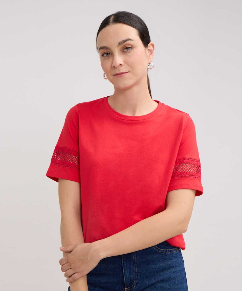 Camiseta Unicolor Cuello Redondo, Manga Corta Con Detalle Encaje