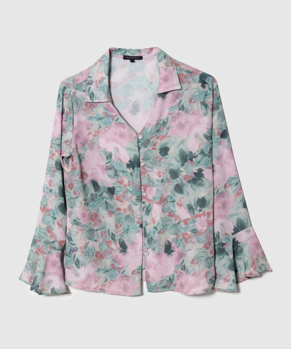 Camisa Estampada Manga Larga Con Volante
