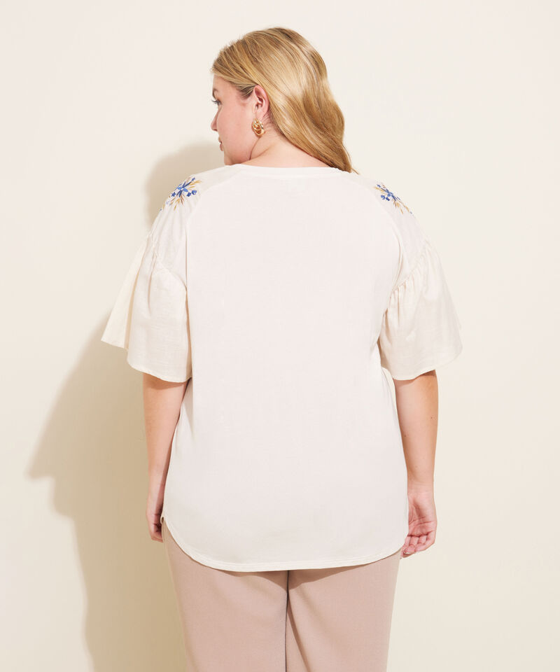 Camiseta Unicolor Cuello Redondo, Manga Corta Con Vuelo