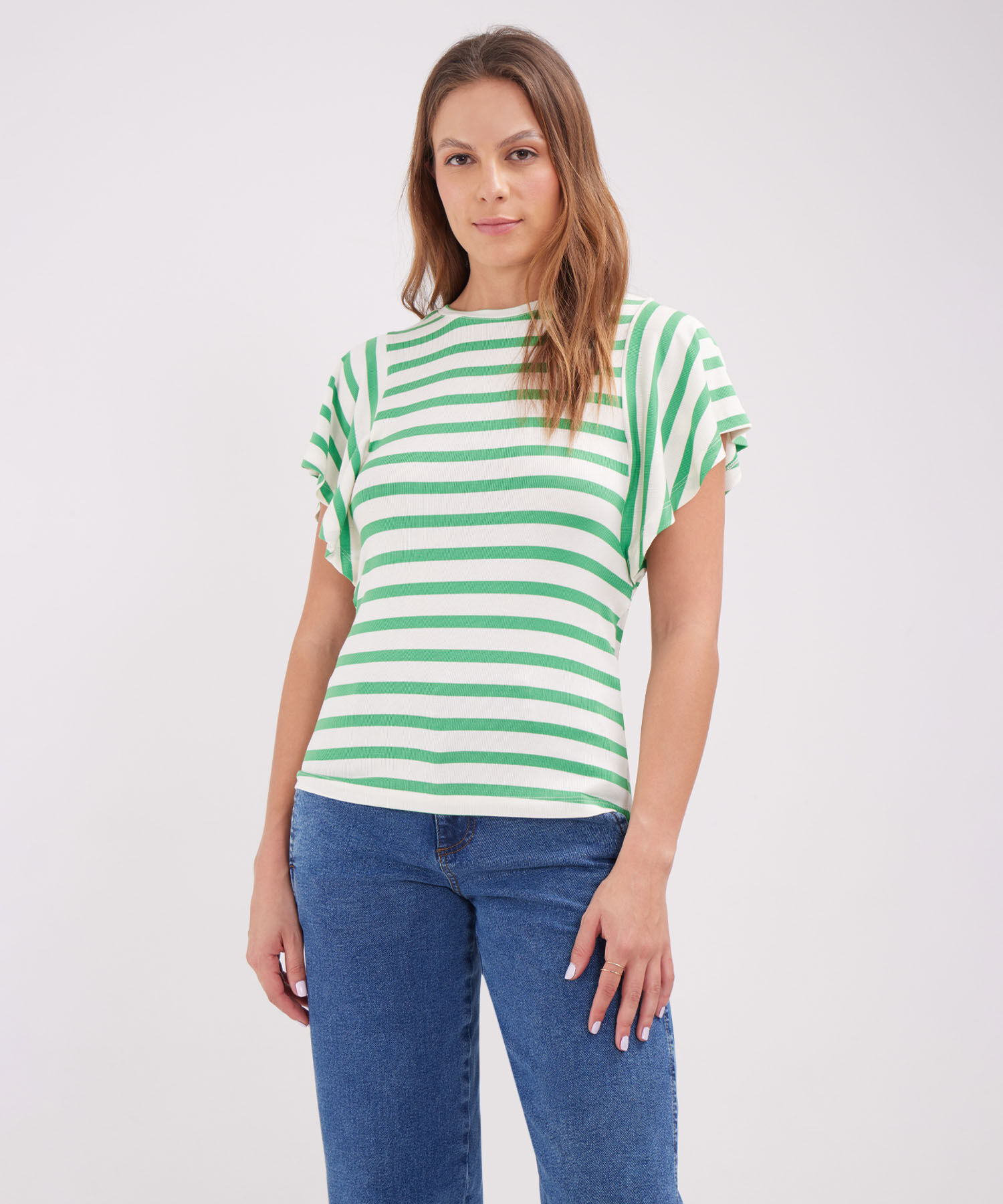 Camiseta Preteñida, Cuello Redondo Manga Corta Con Vuelo