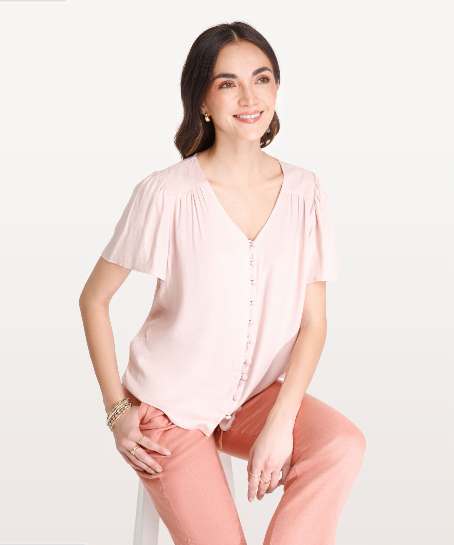 Blusa Manga Corta Con Botones Forrados