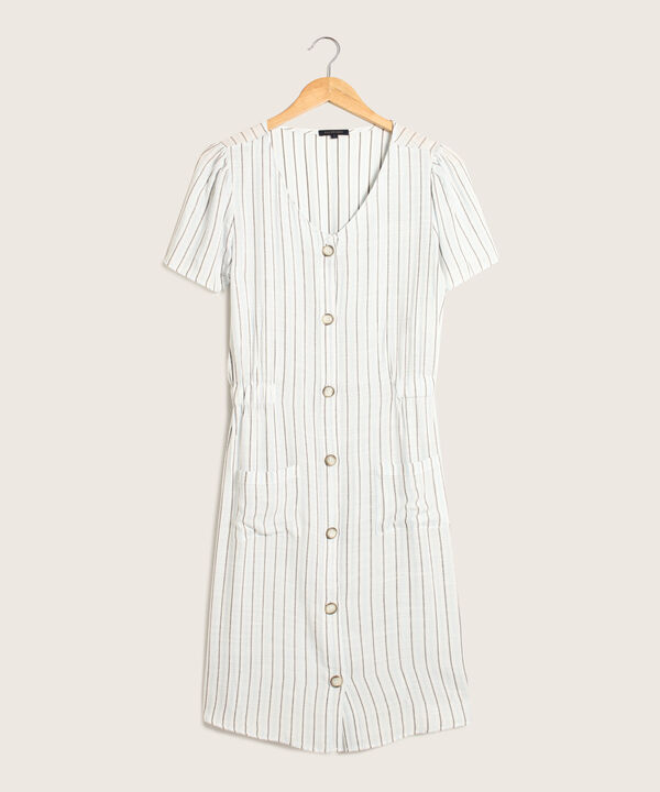Vestido Preteñido, Cuello V, Manga Corta Con Bolsillos De Parche, Botonadura Y Elástico En Cintura, Mimosa Línea Moda