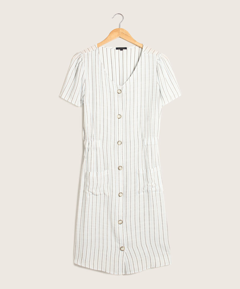 Vestido Preteñido, Cuello V, Manga Corta Con Bolsillos De Parche, Botonadura Y Elástico En Cintura, Mimosa Línea Moda