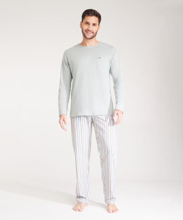 Pijama Set, Camiseta Crew Neck Manga Larga Unicolor Con Bolsillo Y Pantalón Estampado A Rayas