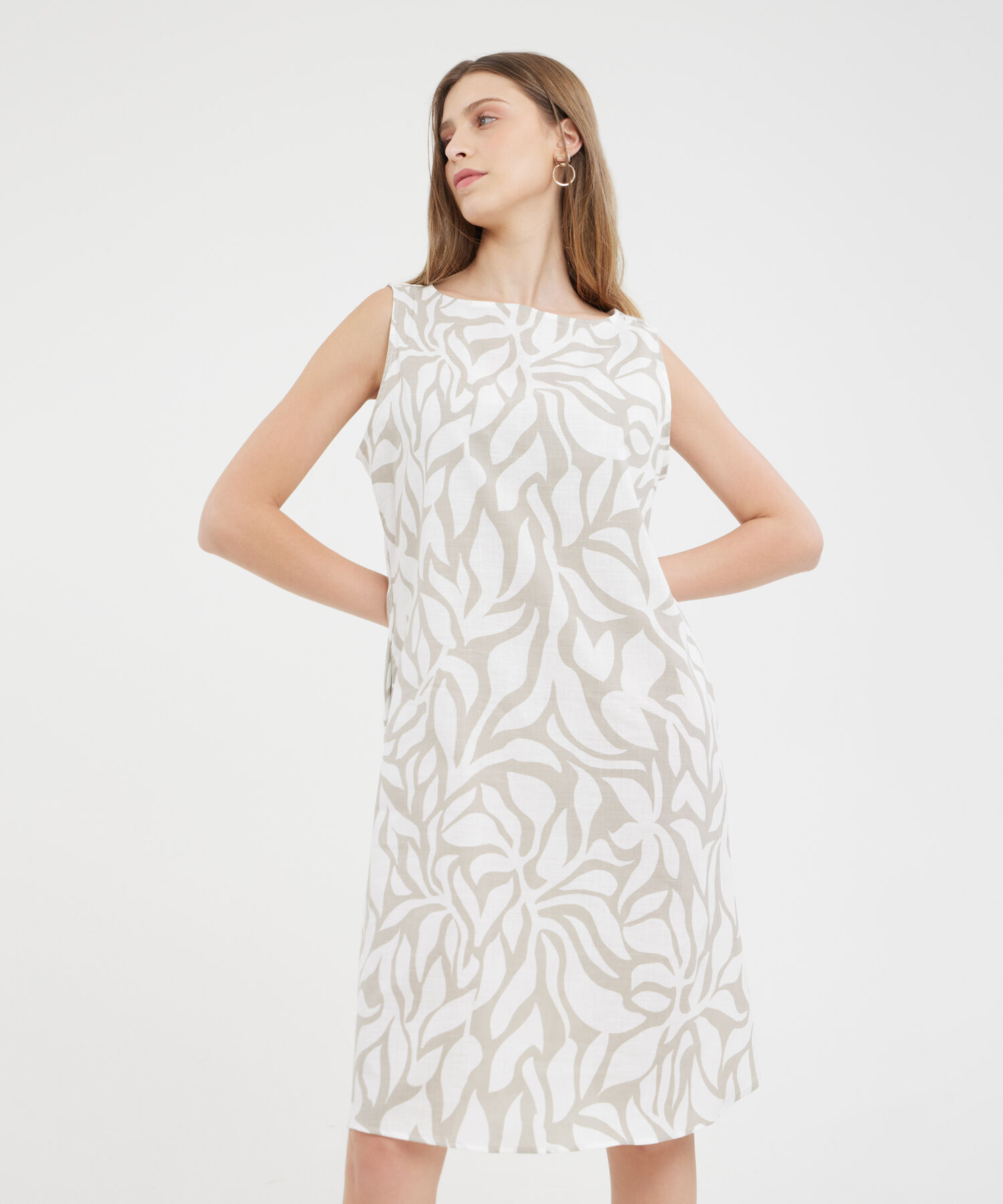 Vestido Estampado Manga Sisa Con Bolsillos Laterales