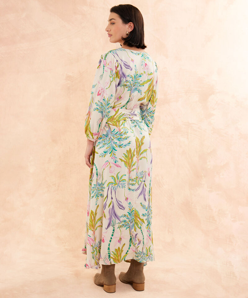 Vestido Estampado, Envolvente Con Manga 3/4 Y Cinturon