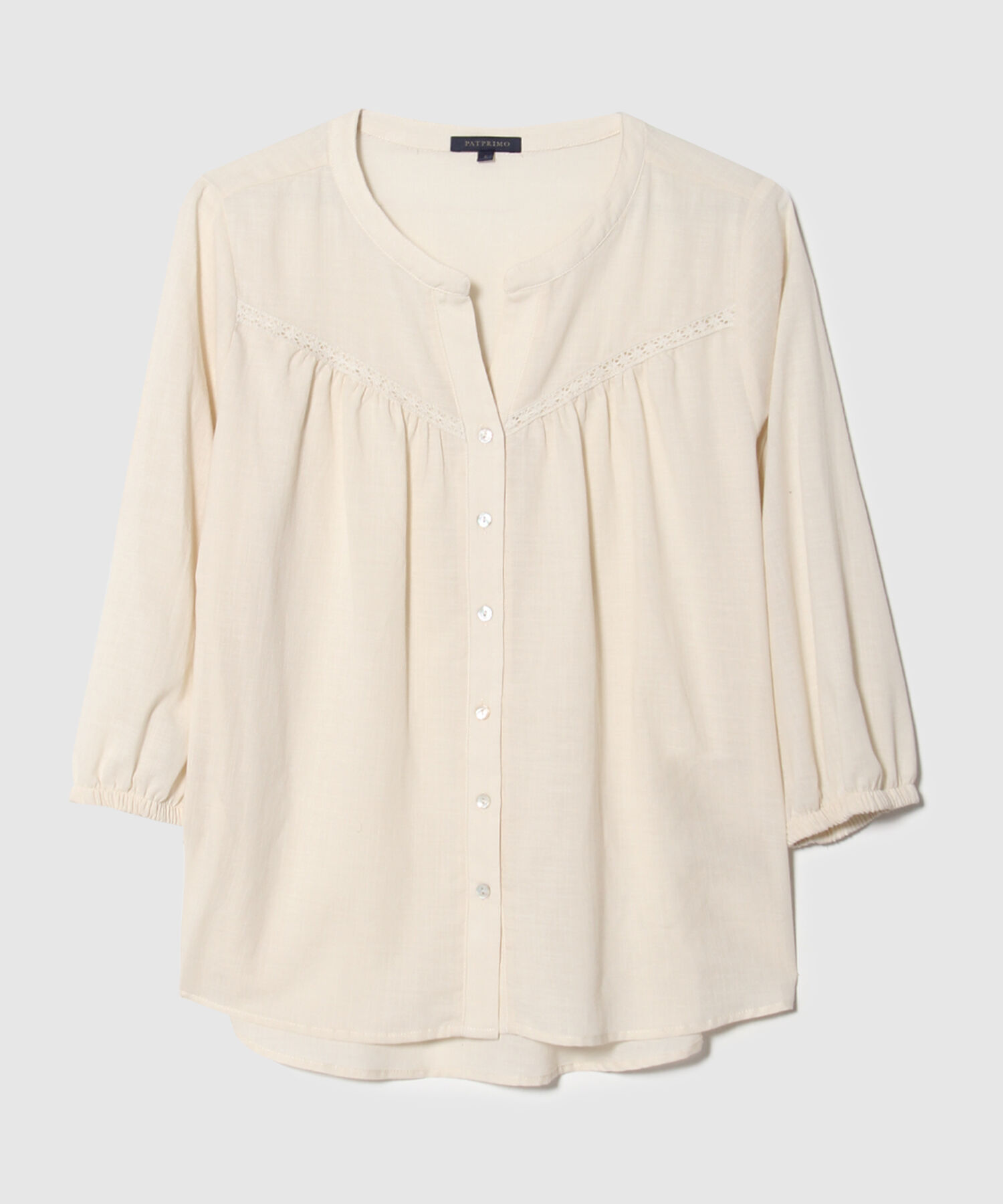 Blusa Unicolor Manga 3/4, Escote V Con Cuello Nerú, Recogido Con Detalle Encaje