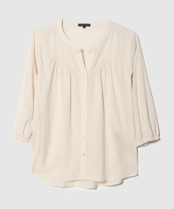 Blusa Unicolor Manga 3/4, Escote V Con Cuello Nerú, Recogido Con Detalle Encaje