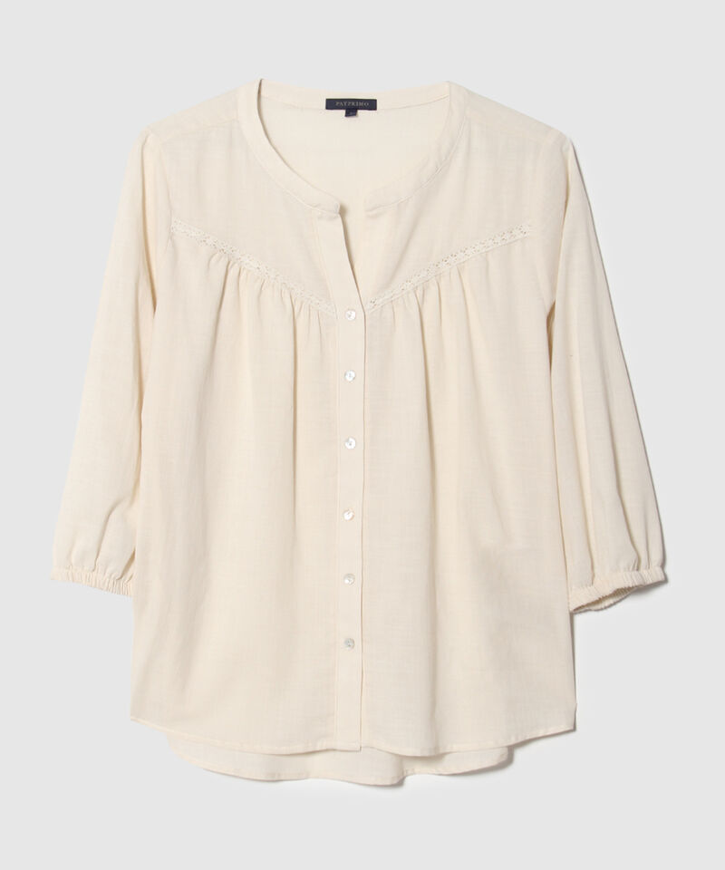 Blusa Unicolor Manga 3/4, Escote V Con Cuello Nerú, Recogido Con Detalle Encaje