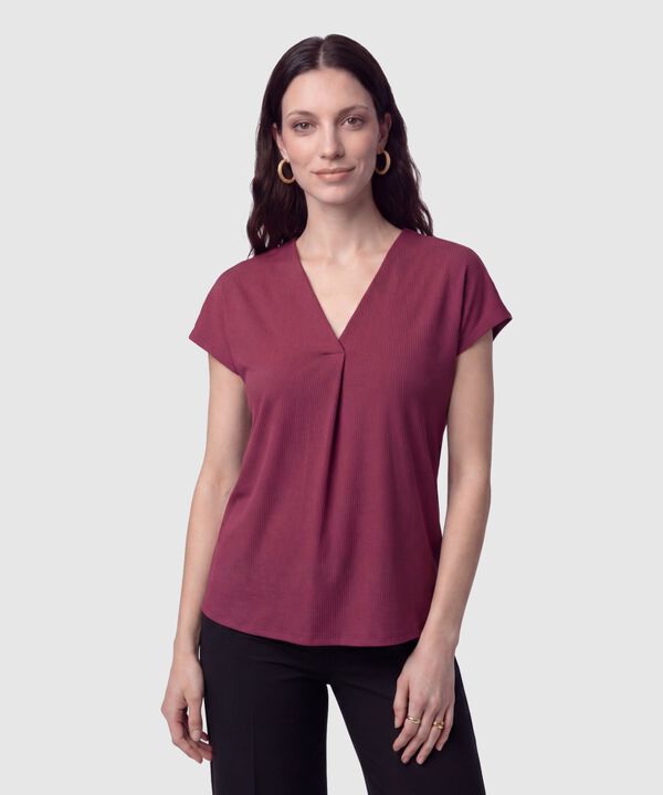 Camiseta Cuello en V Acanalada Mujer image number null