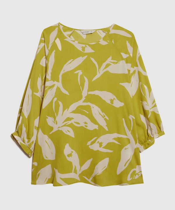Blusa Estampada, Escote Redondo, Manga 3/4 Con Recogido En Puños