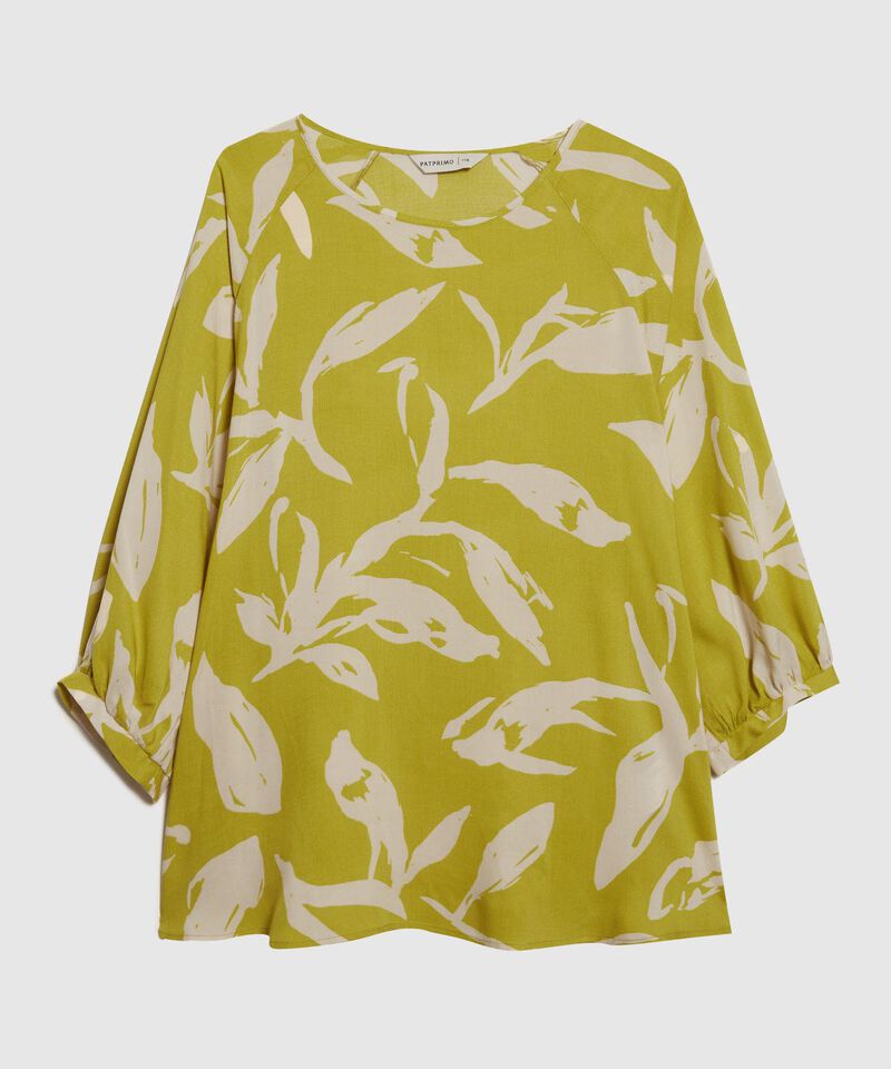 Blusa Estampada, Escote Redondo, Manga 3/4 Con Recogido En Puños