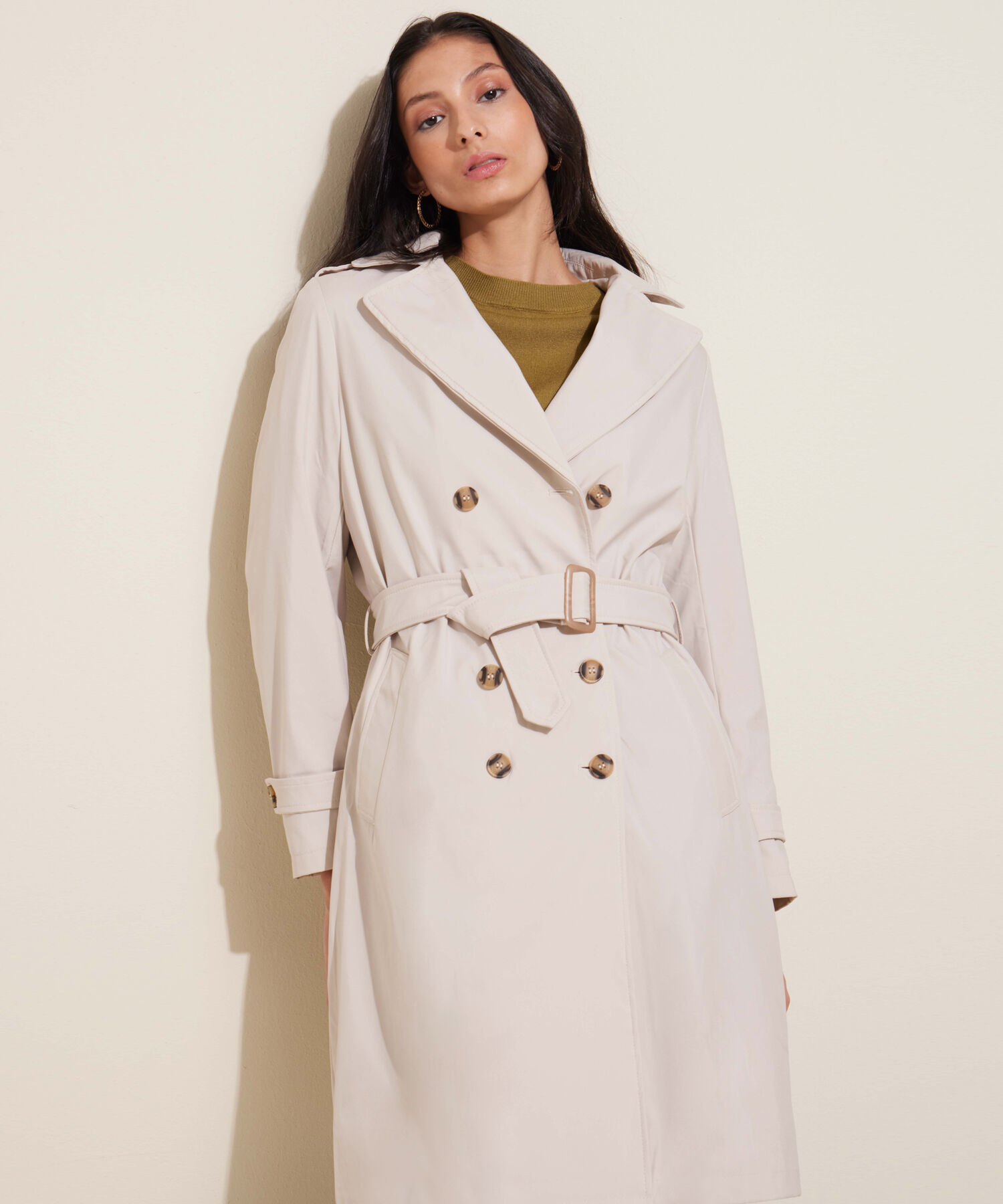 Chaqueta Trench Con Cinturon De Ajuste Manga Larga