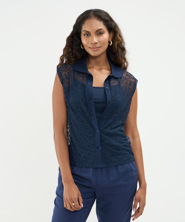 Polo En Encaje, Cuello Y Pechera En Rib, Con Top Interno Para Mujer