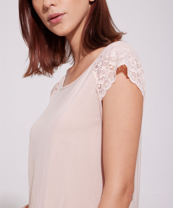 Pijama Set Camiseta Manga Corta Unicolor Con Encaje Y Pantal&oacute;n Estampado Con Encaje