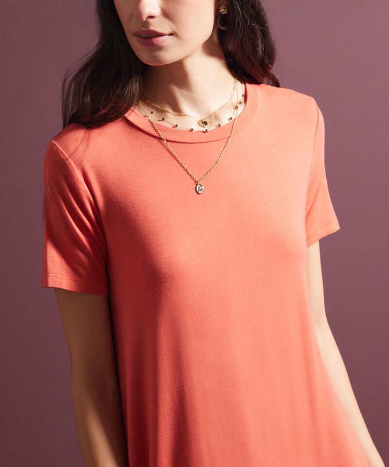 Vestido Unicolor Manga Corta, Cuello Redondo Con Silueta Fluida