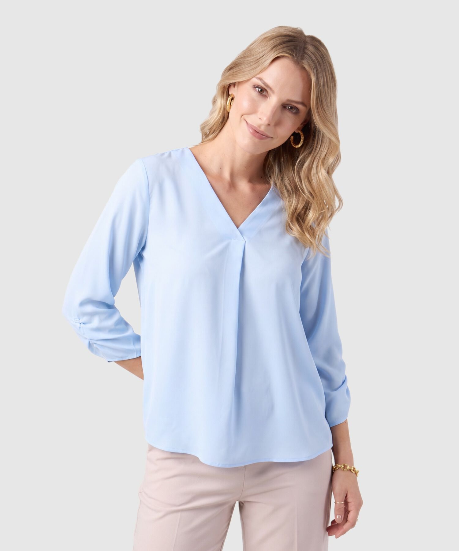 Blusa Manga 3/4 Con Escote V Para Mujer