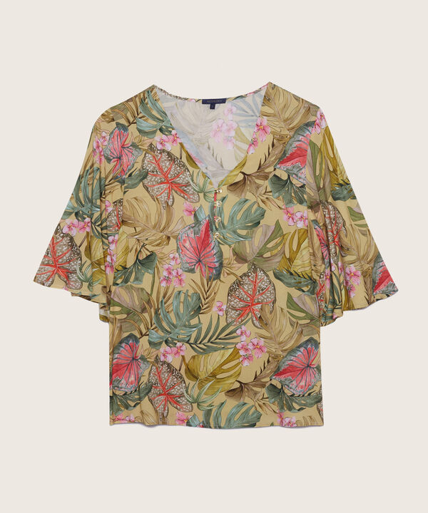 Blusa Estampada Con Botonadura Corta Al Beso En Frente, Manga Al Codo