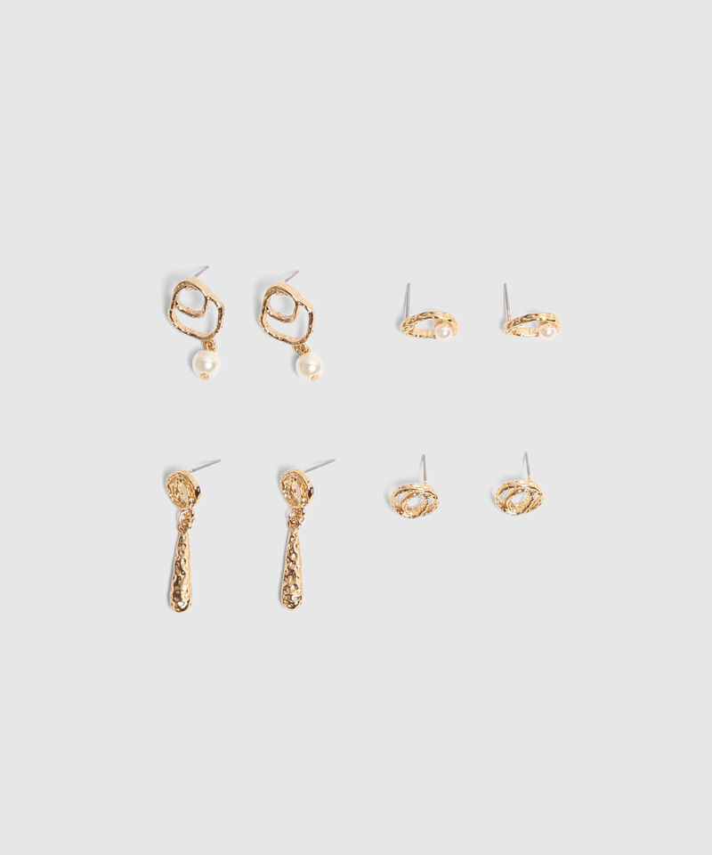 Set X4 Aretes Dorados Con Textura Y Perlas 