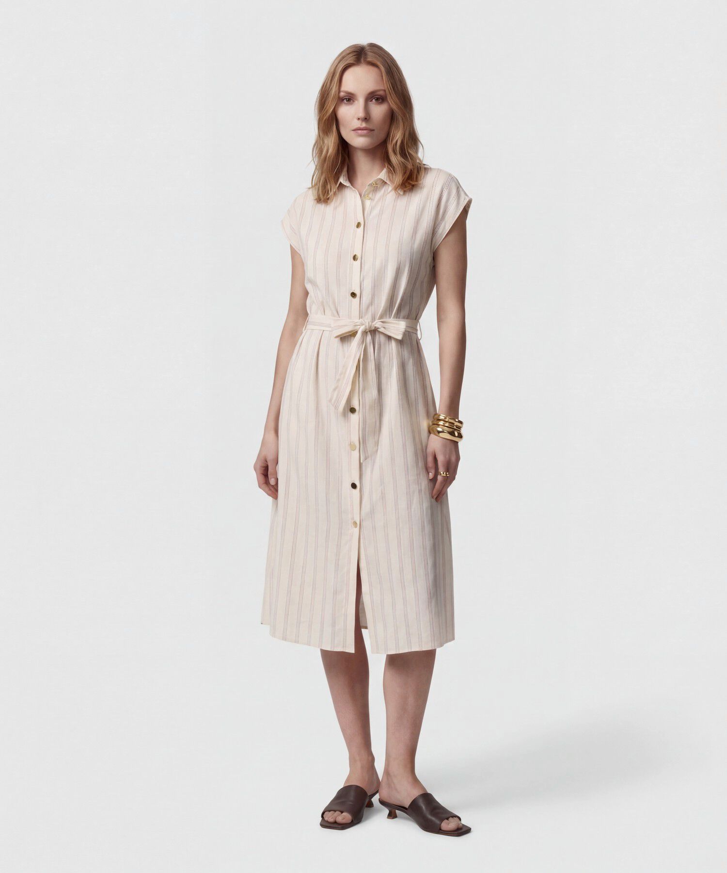 Vestido Midi Camisero Con Lazo Mujer