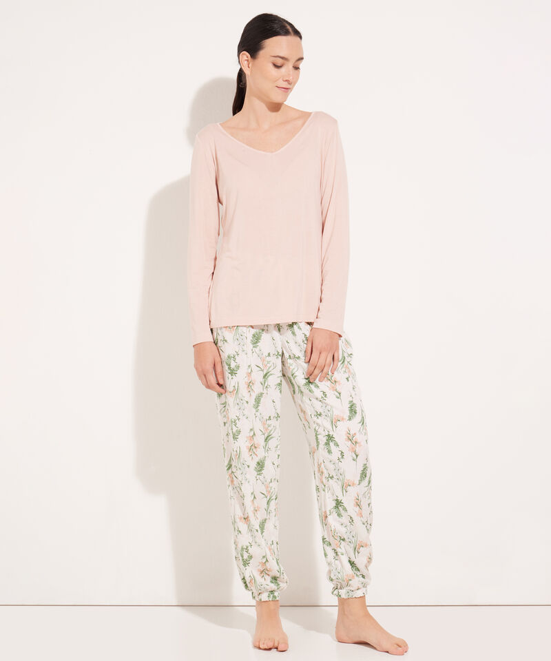 Pijama Camiseta Manga Larga Cuello V Unicolor Y Pantalón Plano Estampado