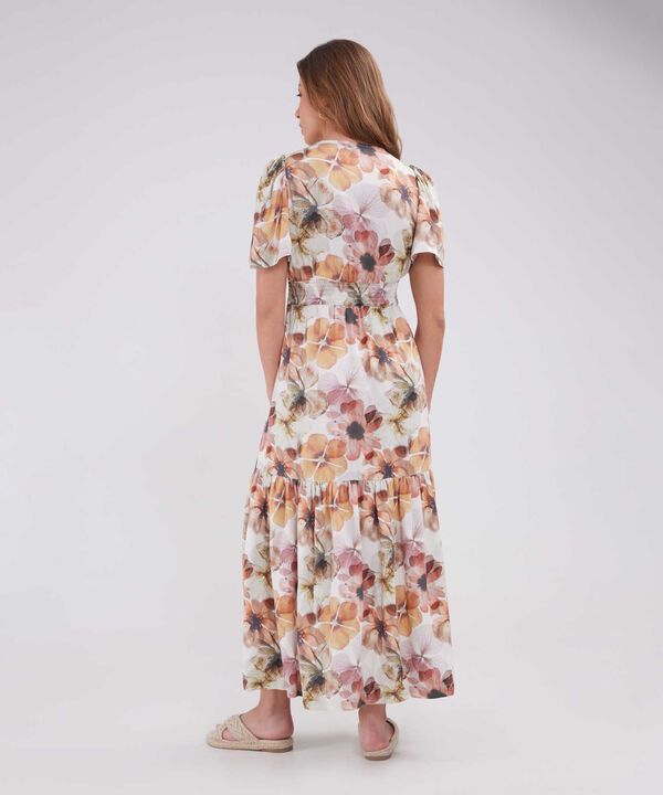 Vestido Largo, Manga Corta Con Nido De Abejas