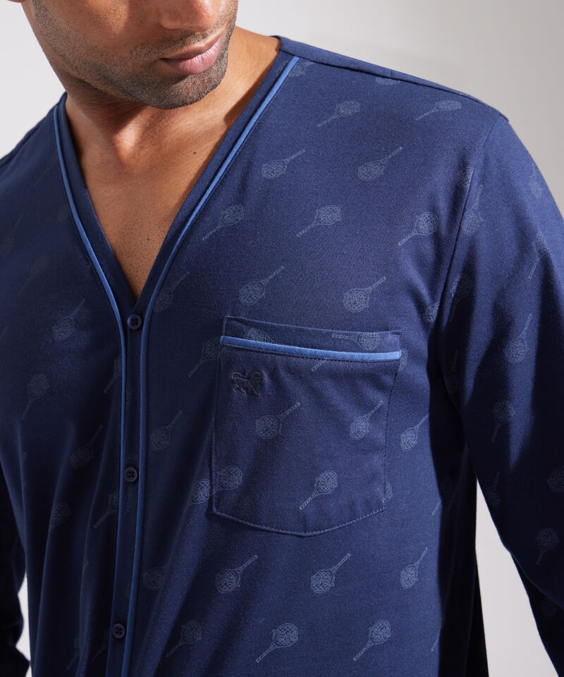 Pijama Set Camiseta Manga Larga Abierta Estampada Con Bolsillo Y Pantalon