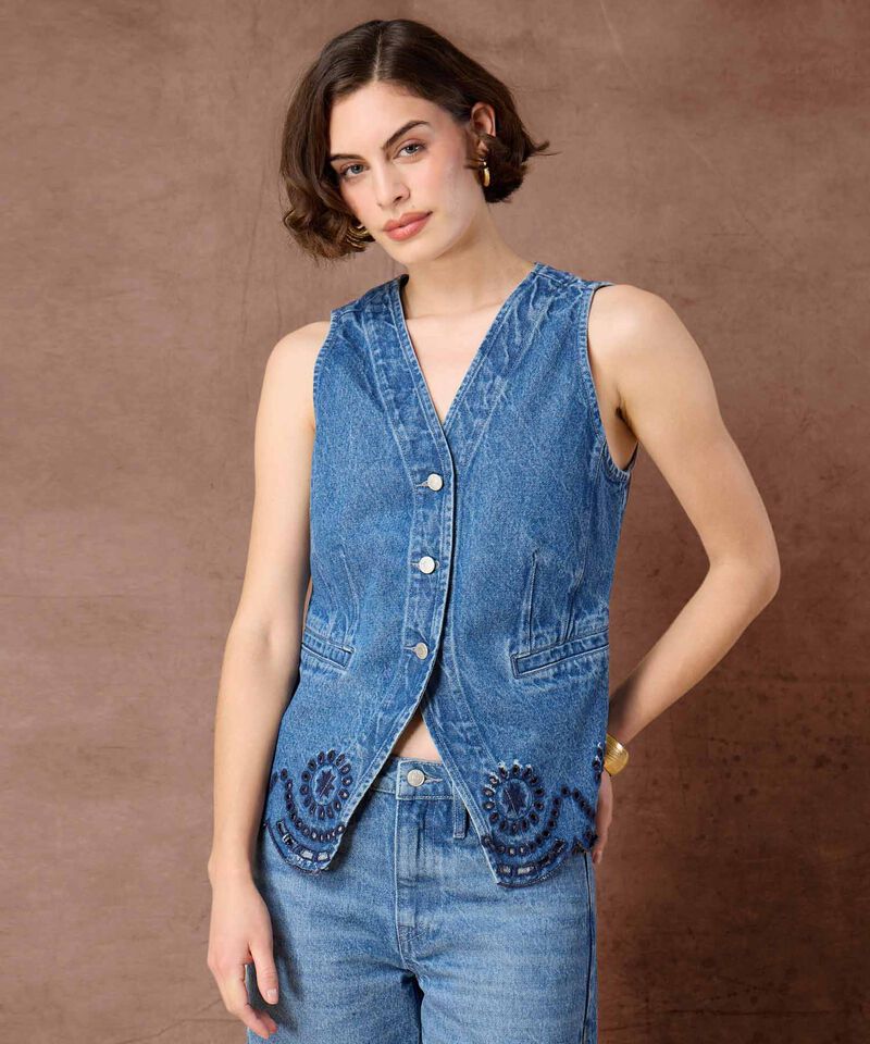 Chaleco Denim con Escote V y Bordado Para Mujer