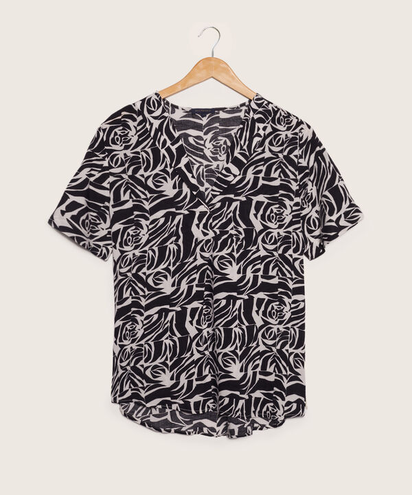 Blusa Estampada Manga Corta Cuello Smoking Corto, Cola De Pato Con Silueta Fluida